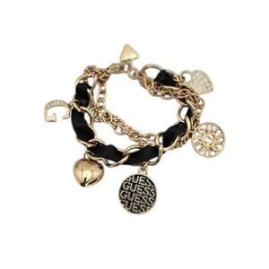 Guess Gold Heart Charm Bracelet with Black Ribbon Detail - Y2k Glam